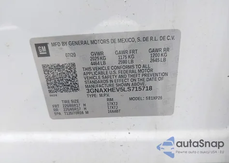 2020 Chevrolet Equinox Fwd Ls из США, поврежденный, VIN 3GNAXHEV5LS715718